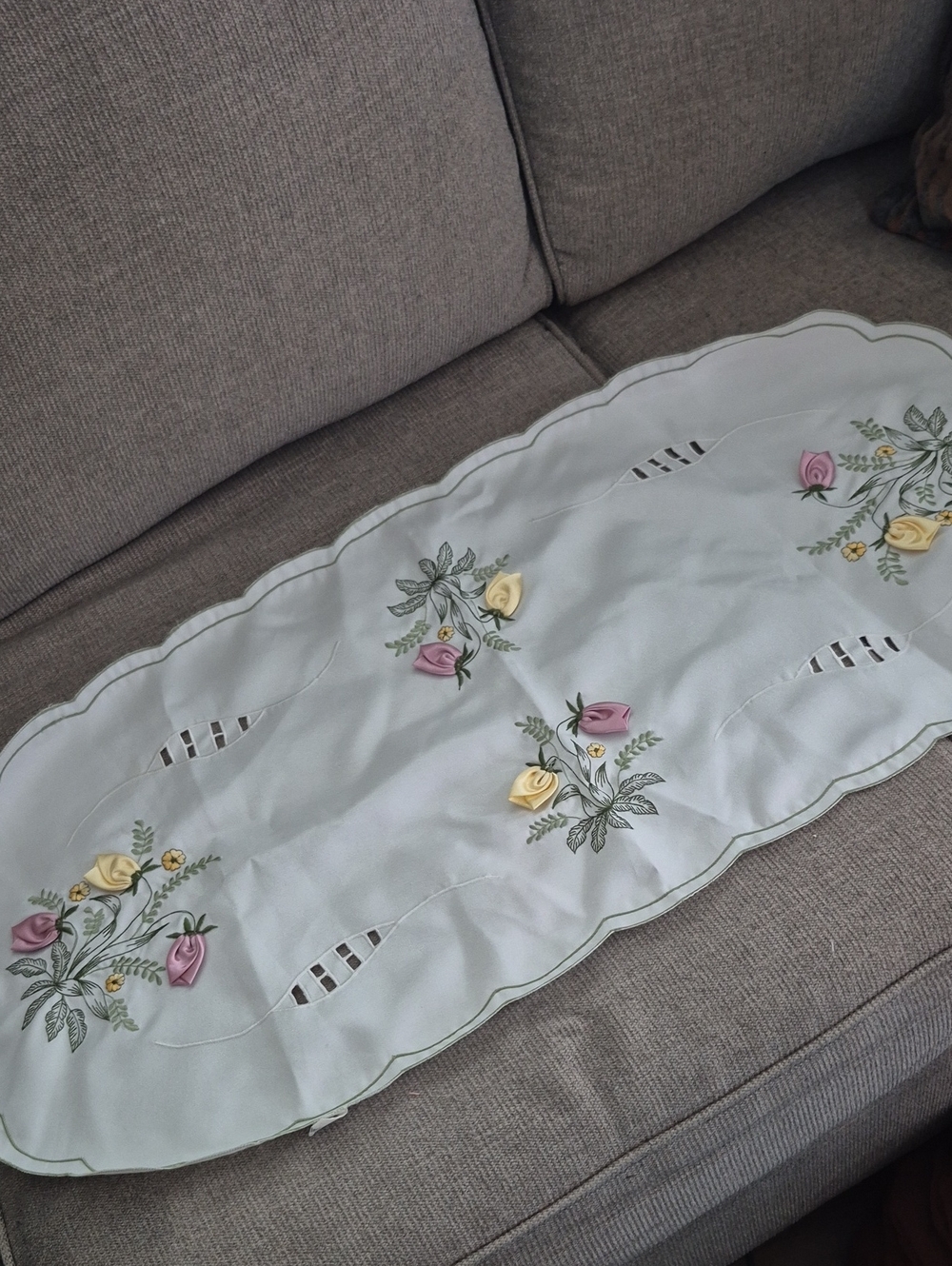 Embroidered Floral Table Runner White with Pink & Yellow Accents